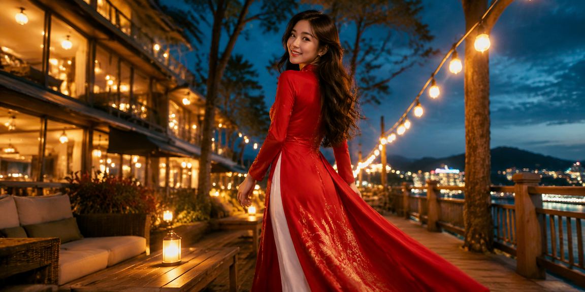 Phụ nữ mặc áo dài tại Đà Lạt thực hiện giao dịch tài chính và chơi casino trực tuyến buổi tối