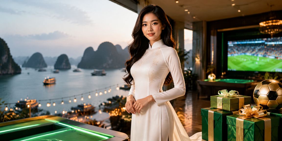 Phụ nữ mặc áo dài đứng nhìn vịnh Hạ Long và trải nghiệm cá cược trực tuyến qua điện thoại