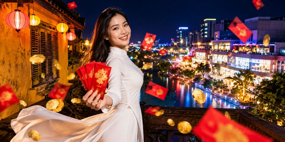 Phụ nữ mặc áo dài tại Hội An nhận bonus và kiểm tra giao dịch tài chính qua ứng dụng di động